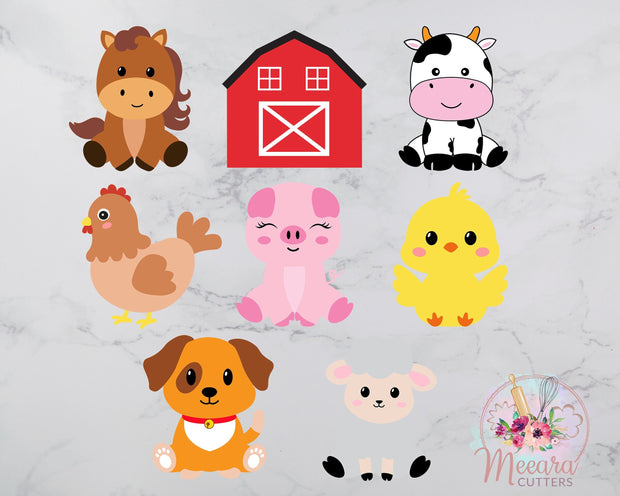 Farm Barnyard Bundle Cookie Cutter Set | Barn, Horse, Cow, Chicken, Pig, Chick, Dog Sheep Cookie Cutter | Set Of 8 Cutters
