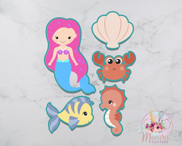 Mermaid Theme Cookie Cutter Set | Mermaid, Fish, Seahorse, Crab, Shell Cookie Cutter | Under The Sea Theme | Fondant Cutter